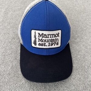 Marmot Hat Cap Snap Back Mens One Size Blue White Trucker Mesh Patch Embroidered